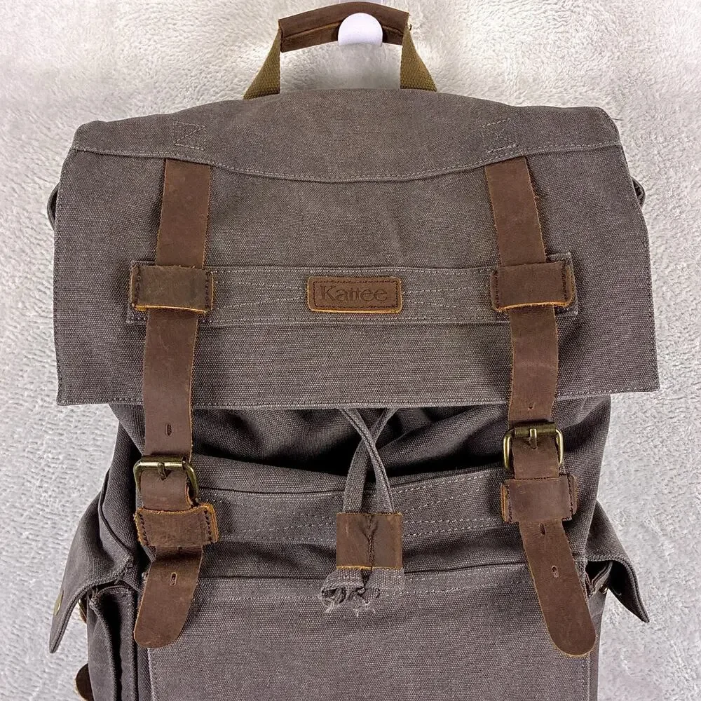 Kattee Backpack Gray Canvas Leather Rucksack Utility Outdoors Hiking Y2K